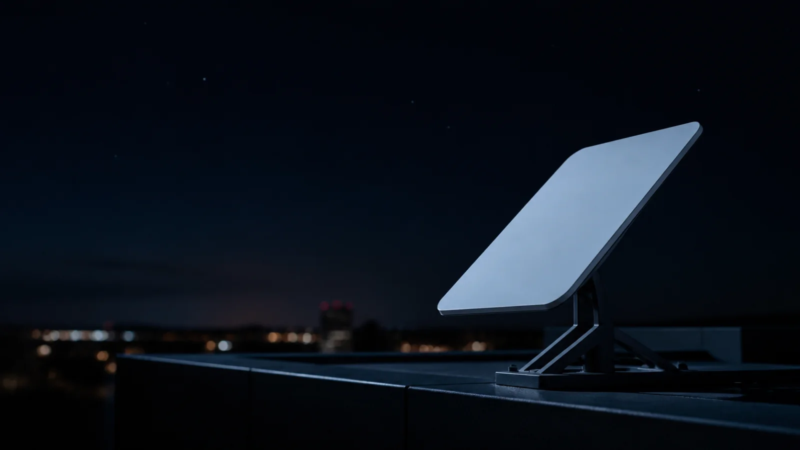 Antenne plate Sat-Access installée sur le toit-terrasse d’un bâtiment d’entreprise, à la tombée de la nuit